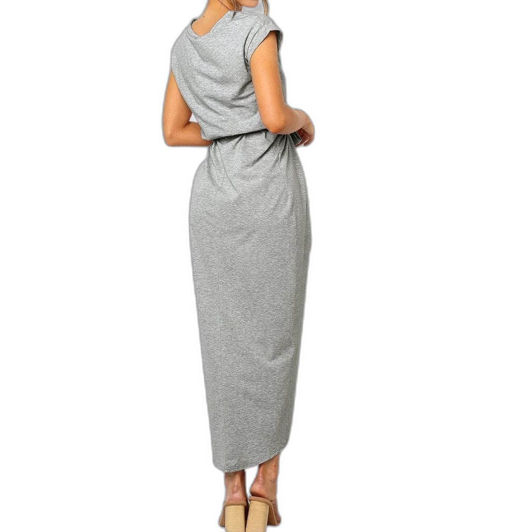 Elegant Grey Midi Dress for Women with Crew Neck Short Sleeve Bodycon Belted Office Style