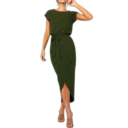 Elegant Grey Midi Dress for Women with Crew Neck Short Sleeve Bodycon Belted Office Style
