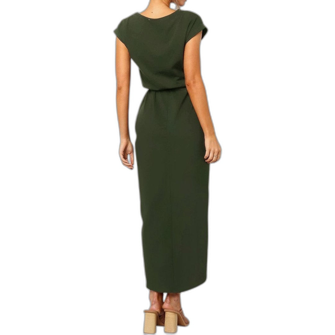 Elegant Grey Midi Dress for Women with Crew Neck Short Sleeve Bodycon Belted Office Style