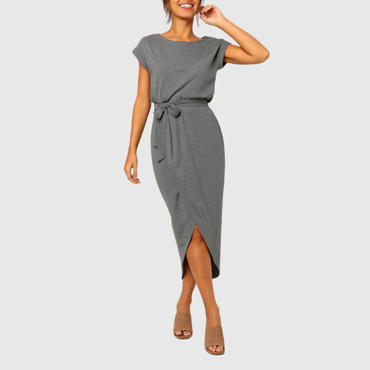 Elegant Grey Midi Dress for Women with Crew Neck Short Sleeve Bodycon Belted Office Style