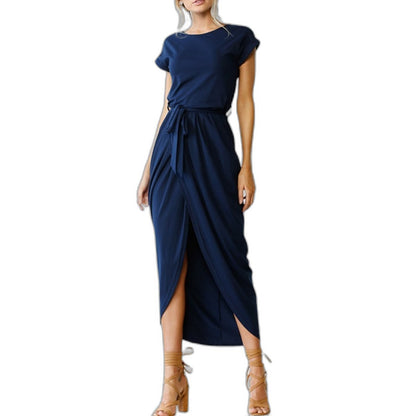 Elegant Grey Midi Dress for Women with Crew Neck Short Sleeve Bodycon Belted Office Style