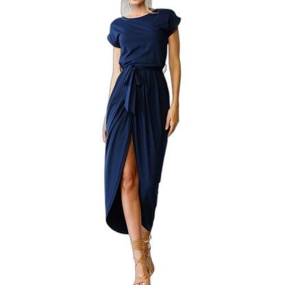 Elegant Grey Midi Dress for Women with Crew Neck Short Sleeve Bodycon Belted Office Style