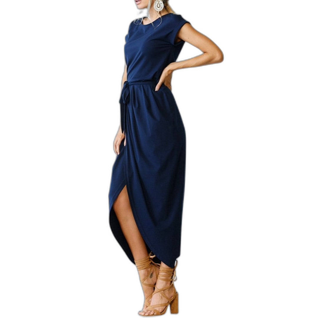 Elegant Grey Midi Dress for Women with Crew Neck Short Sleeve Bodycon Belted Office Style