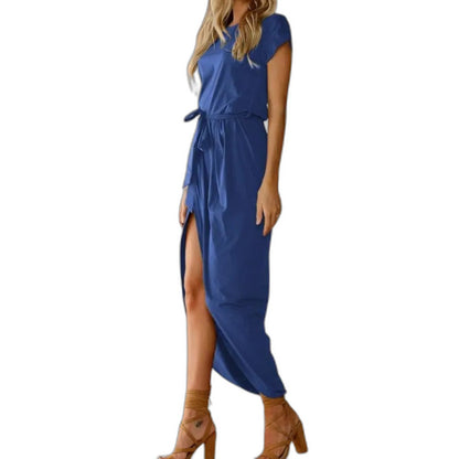 Elegant Grey Midi Dress for Women with Crew Neck Short Sleeve Bodycon Belted Office Style