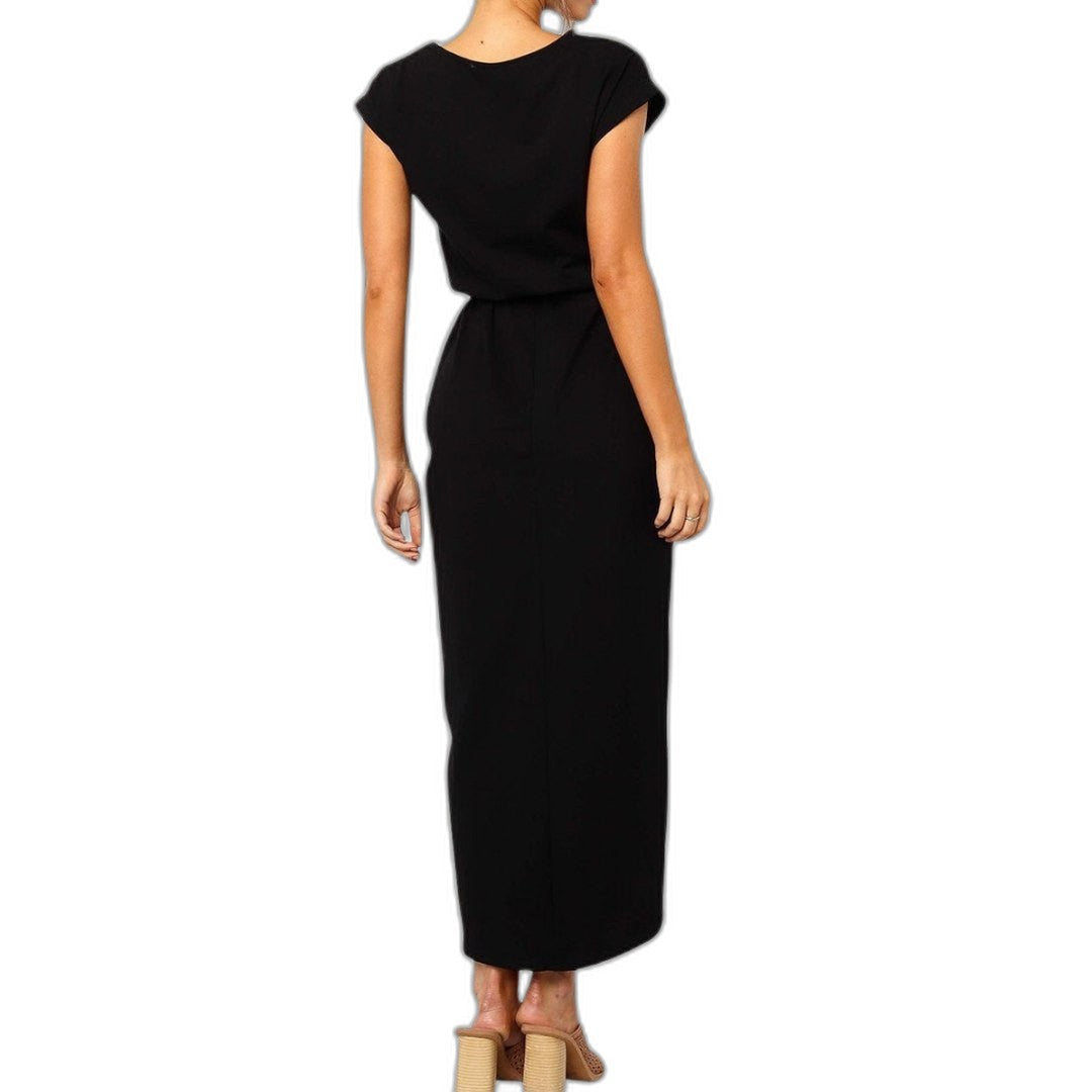 Elegant Grey Midi Dress for Women with Crew Neck Short Sleeve Bodycon Belted Office Style