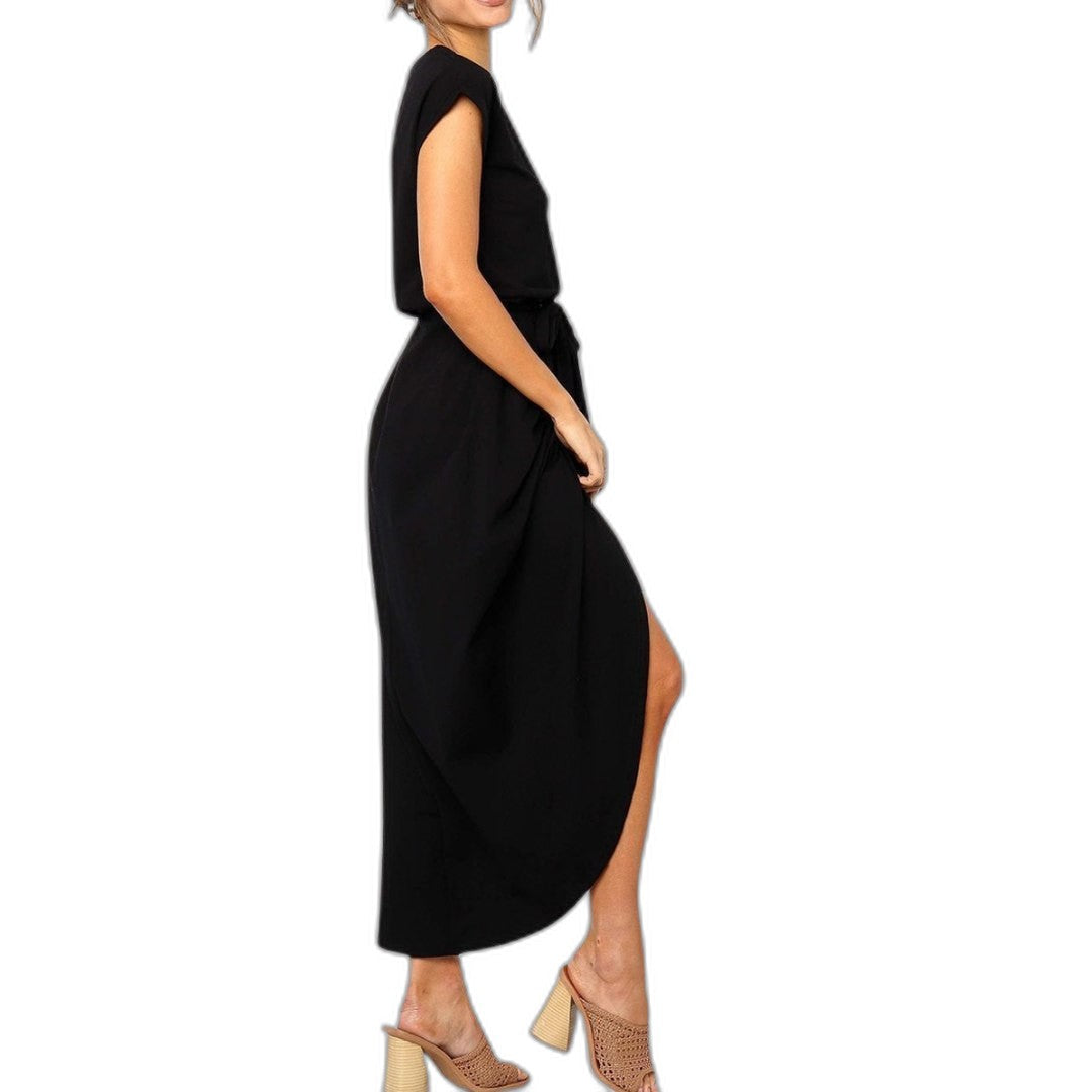 Elegant Grey Midi Dress for Women with Crew Neck Short Sleeve Bodycon Belted Office Style