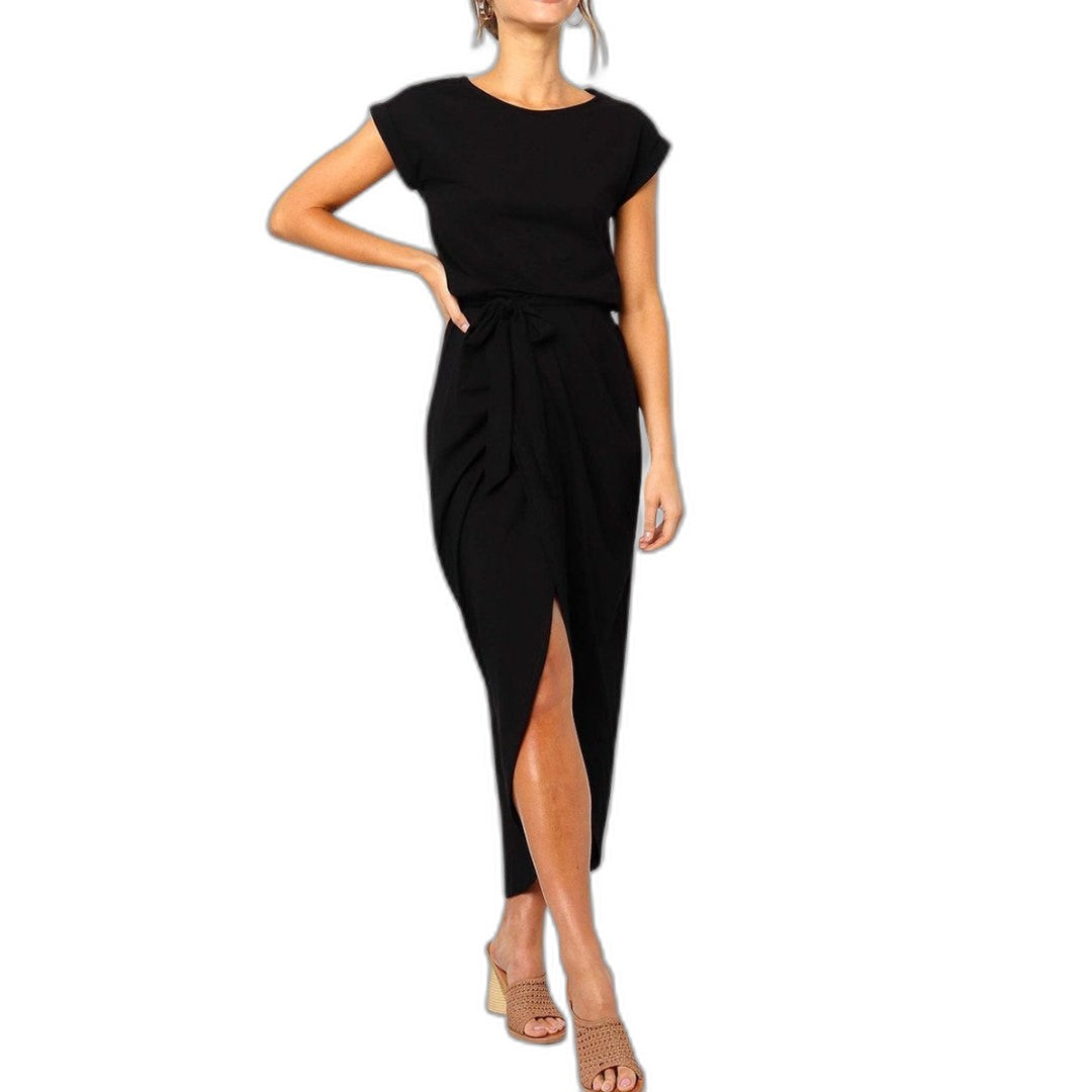 Elegant Grey Midi Dress for Women with Crew Neck Short Sleeve Bodycon Belted Office Style