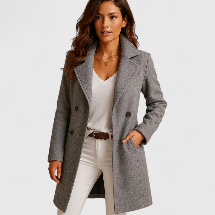 Elegant Wool Coat for Women with Notched Lapel Long Sleeve Double Breasted Tailored Style