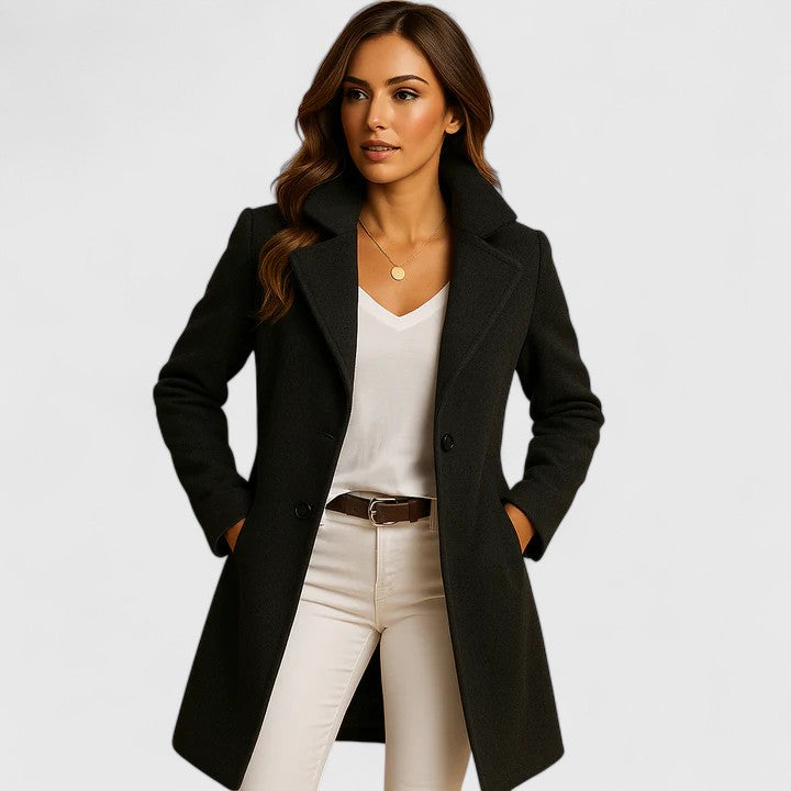 Elegant Wool Coat for Women with Notched Lapel Long Sleeve Double Breasted Tailored Style