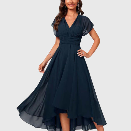 Elegant Navy Chiffon Midi Dress for Women with V Neck Short Sleeve A Line Belted Fit And Flare Cocktail Style