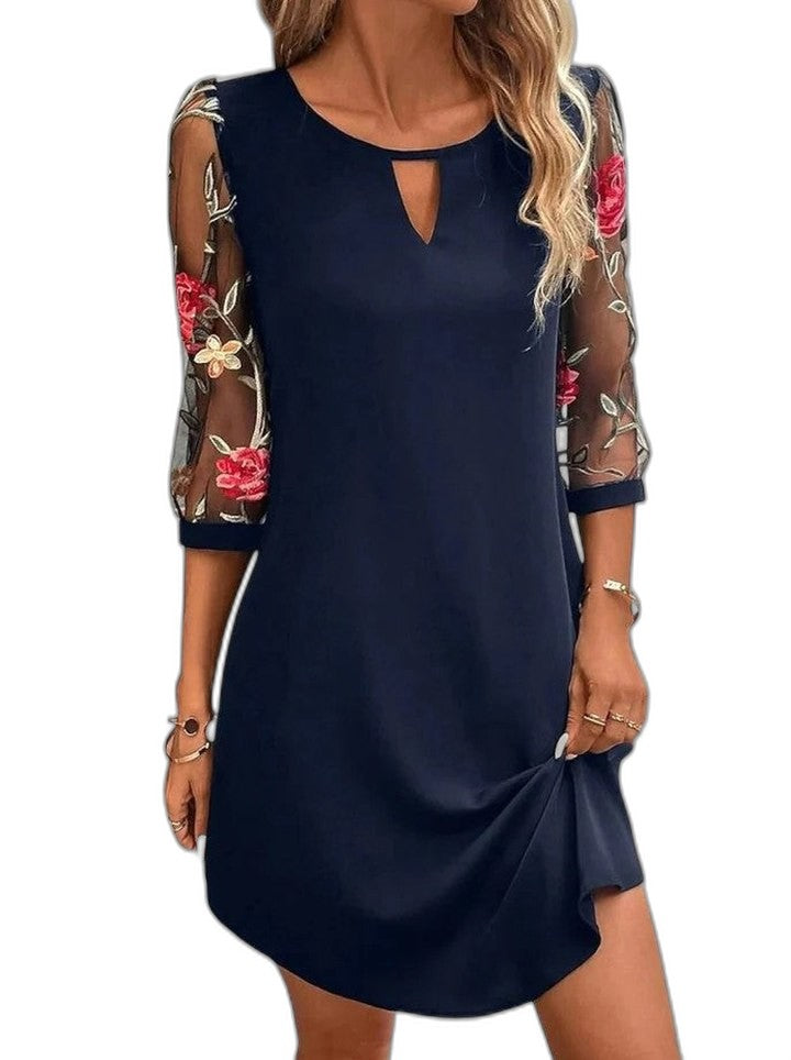 Elegant Navy Floral Midi Dress for Women with V Neck Long Sleeve Flowing Cocktail Style