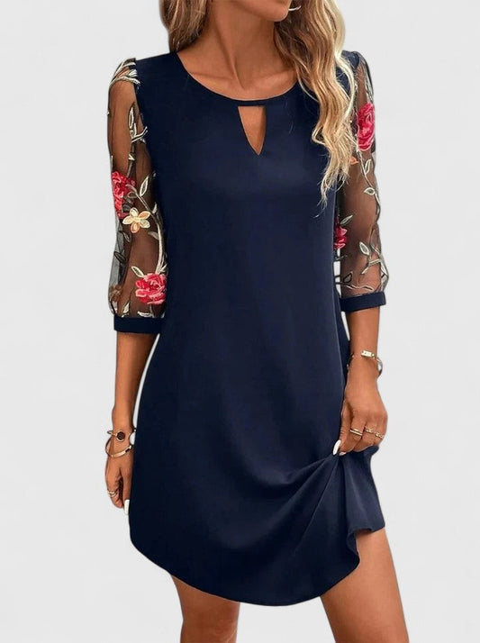 Elegant Navy Floral Midi Dress for Women with V Neck Long Sleeve Flowing Cocktail Style