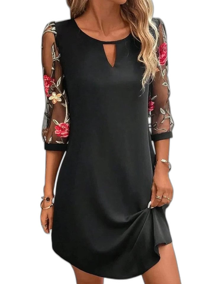 Elegant Navy Floral Midi Dress for Women with V Neck Long Sleeve Flowing Cocktail Style