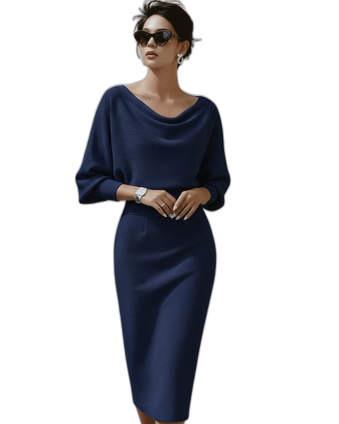 Elegant Navy Knit Midi Dress for Women with Cowl Neck Long Sleeve Bodycon Office Style