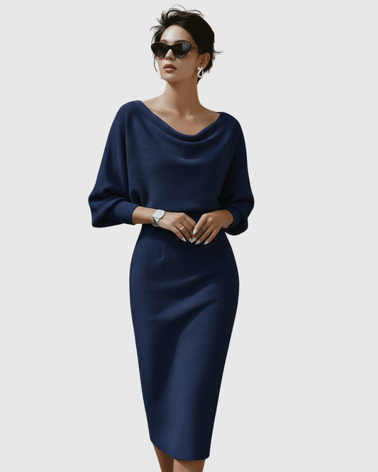 Elegant Navy Knit Midi Dress for Women with Cowl Neck Long Sleeve Bodycon Office Style