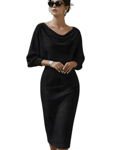 Elegant Navy Knit Midi Dress for Women with Cowl Neck Long Sleeve Bodycon Office Style
