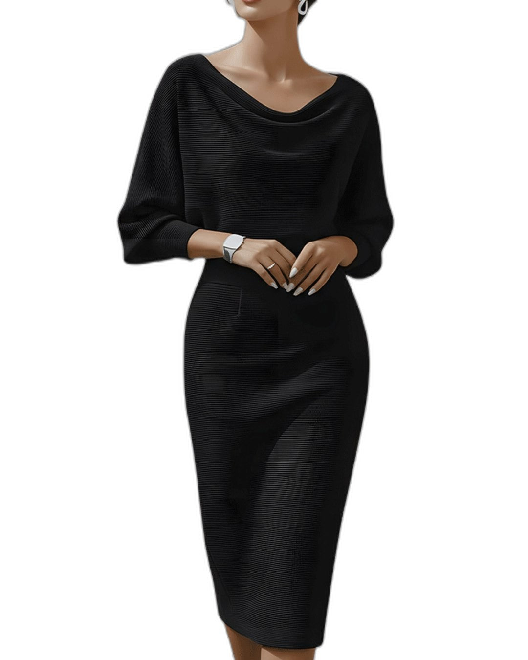 Elegant Navy Knit Midi Dress for Women with Cowl Neck Long Sleeve Bodycon Office Style