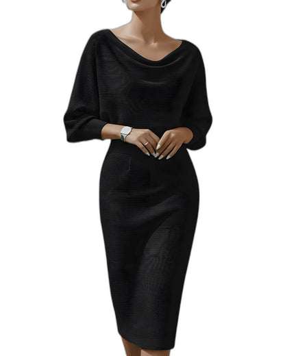 Elegant Navy Knit Midi Dress for Women with Cowl Neck Long Sleeve Bodycon Office Style
