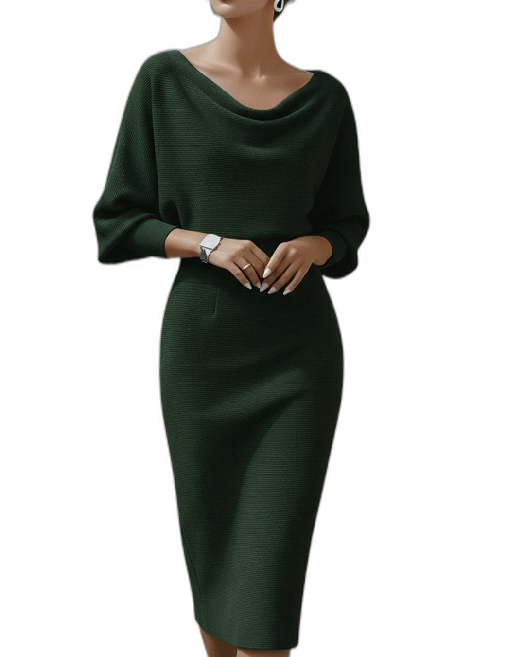 Elegant Navy Knit Midi Dress for Women with Cowl Neck Long Sleeve Bodycon Office Style