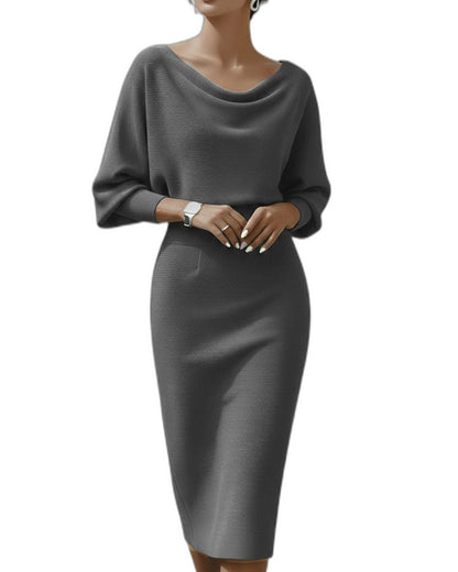 Elegant Navy Knit Midi Dress for Women with Cowl Neck Long Sleeve Bodycon Office Style