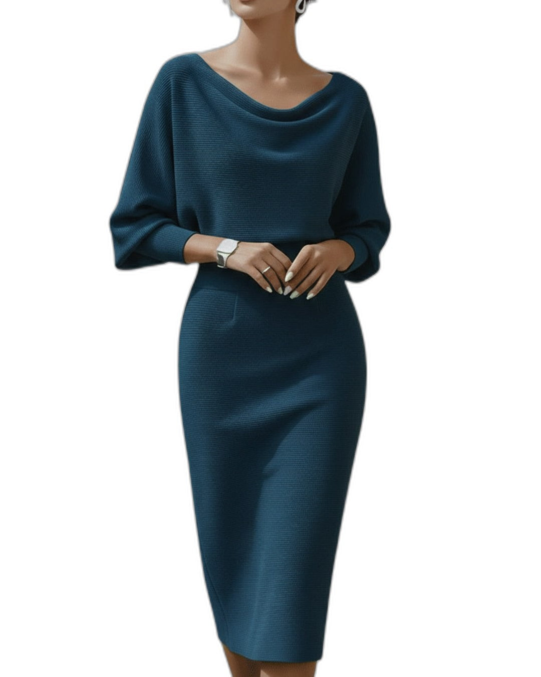 Elegant Navy Knit Midi Dress for Women with Cowl Neck Long Sleeve Bodycon Office Style