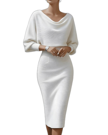 Elegant Navy Knit Midi Dress for Women with Cowl Neck Long Sleeve Bodycon Office Style