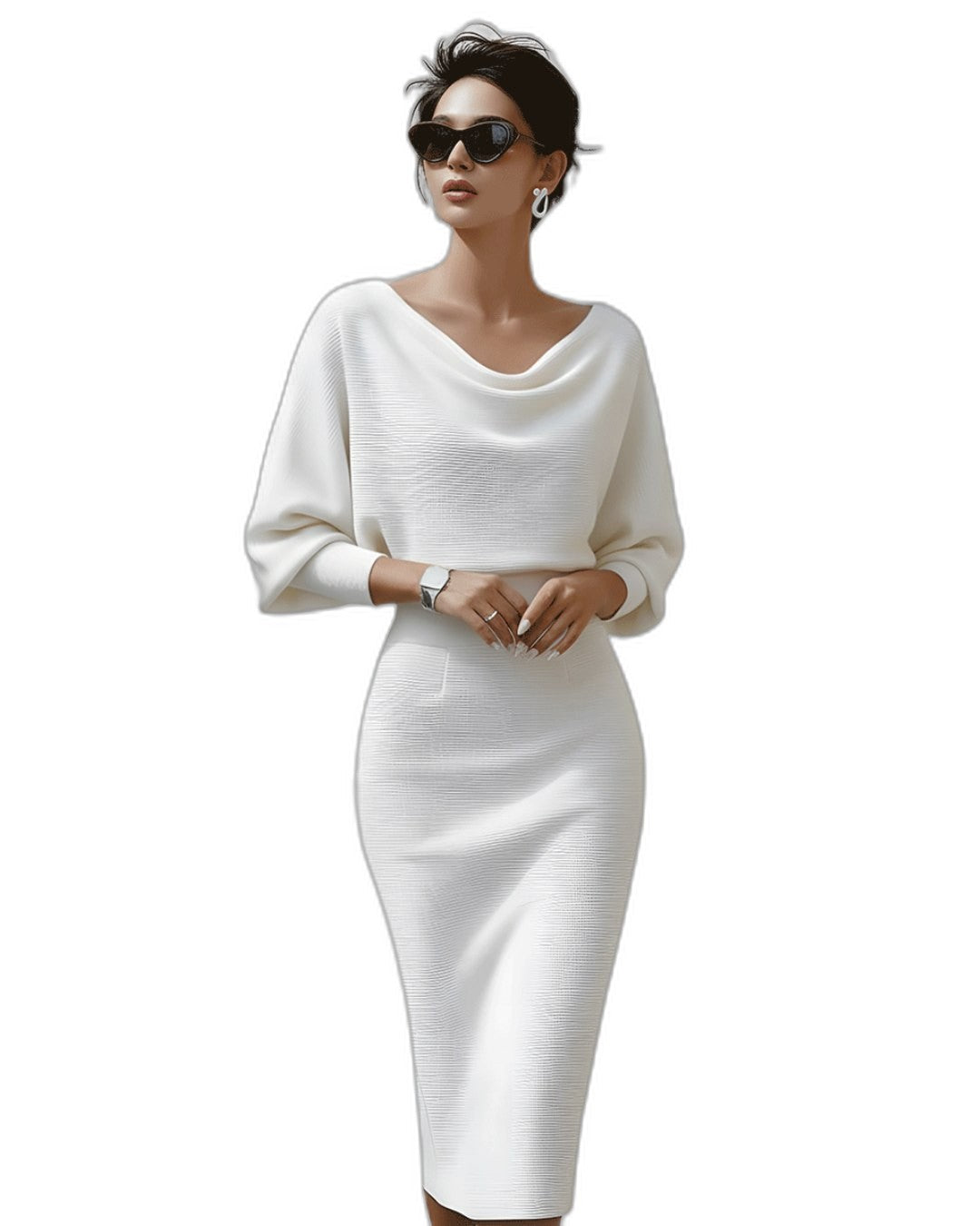 Elegant Navy Knit Midi Dress for Women with Cowl Neck Long Sleeve Bodycon Office Style