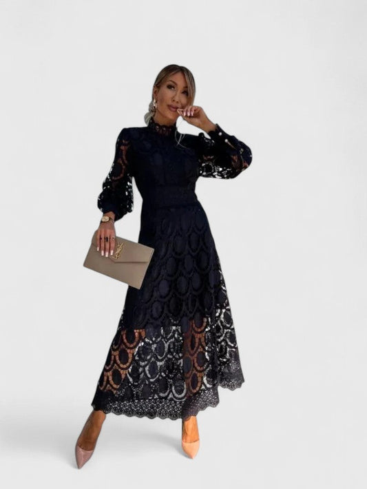 Elegant Navy Lace Midi Dress for Women with High Neck Long Sleeve Fit And Flare Cocktail Style