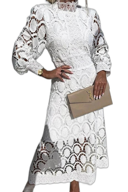 Elegant Navy Lace Midi Dress for Women with High Neck Long Sleeve Fit And Flare Cocktail Style