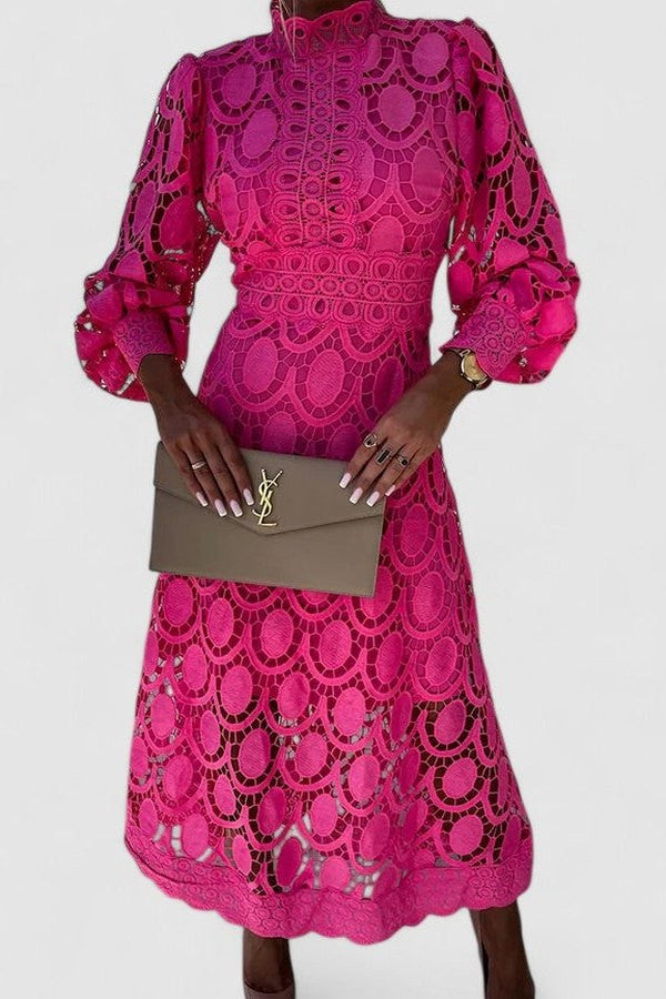 Elegant Navy Lace Midi Dress for Women with High Neck Long Sleeve Fit And Flare Cocktail Style