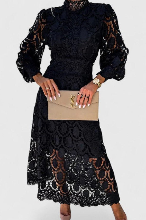 Elegant Navy Lace Midi Dress for Women with High Neck Long Sleeve Fit And Flare Cocktail Style