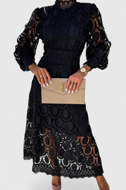 Elegant Navy Lace Midi Dress for Women with High Neck Long Sleeve Fit And Flare Cocktail Style