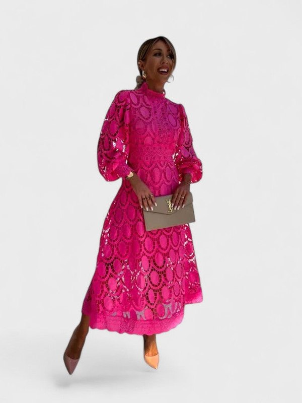 Elegant Navy Lace Midi Dress for Women with High Neck Long Sleeve Fit And Flare Cocktail Style