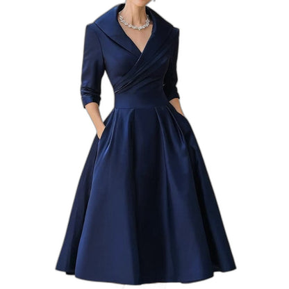 Elegant Navy Midi Dress for Women with Collared Long Sleeve A Line Fit And Flare Cocktail Style