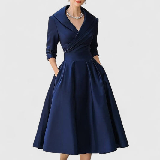 Elegant Navy Midi Dress for Women with Collared Long Sleeve A Line Fit And Flare Cocktail Style