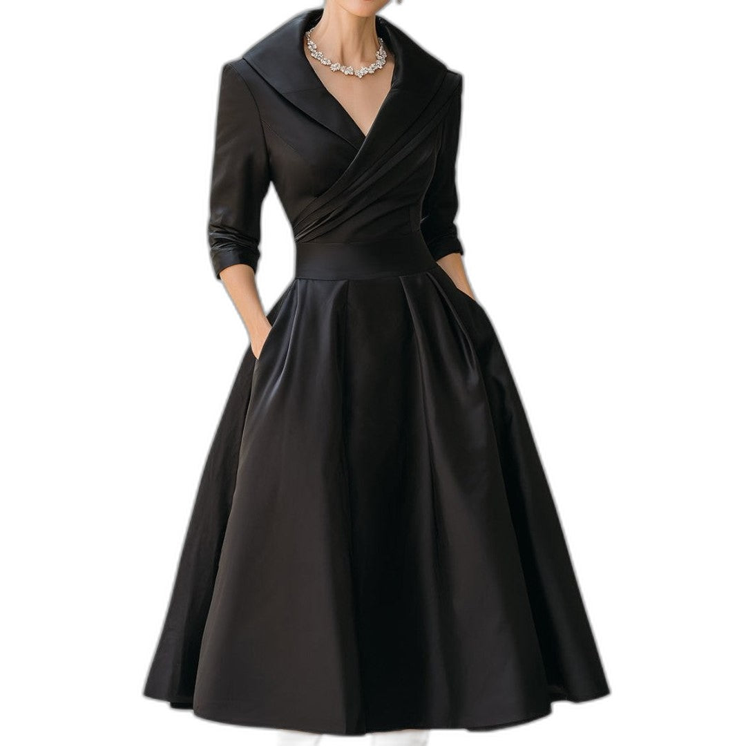 Elegant Navy Midi Dress for Women with Collared Long Sleeve A Line Fit And Flare Cocktail Style