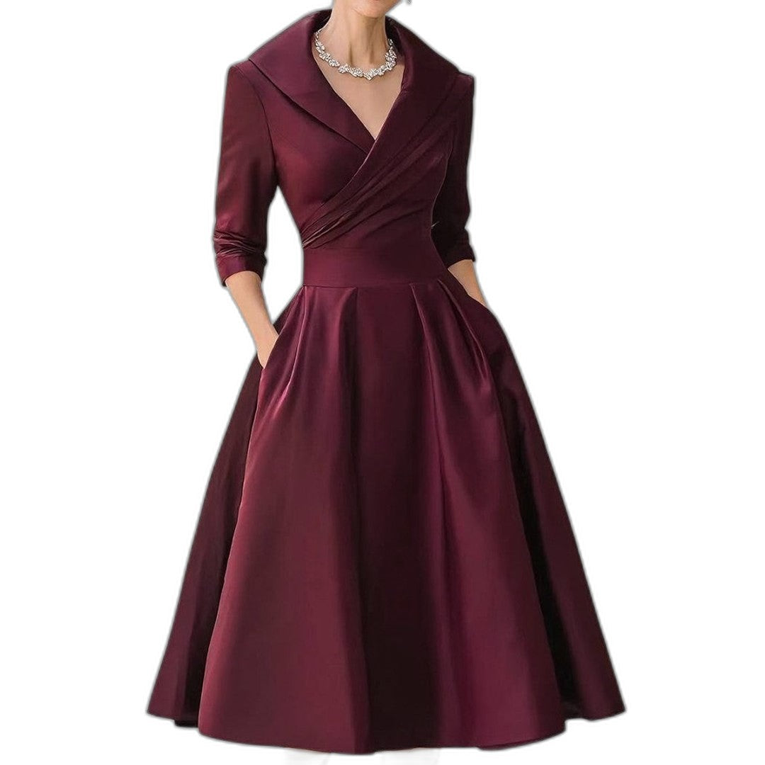Elegant Navy Midi Dress for Women with Collared Long Sleeve A Line Fit And Flare Cocktail Style