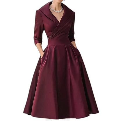 Elegant Navy Midi Dress for Women with Collared Long Sleeve A Line Fit And Flare Cocktail Style