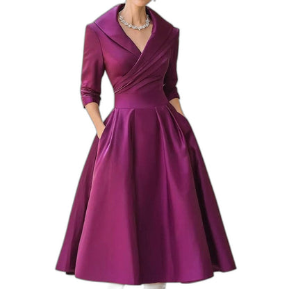 Elegant Navy Midi Dress for Women with Collared Long Sleeve A Line Fit And Flare Cocktail Style