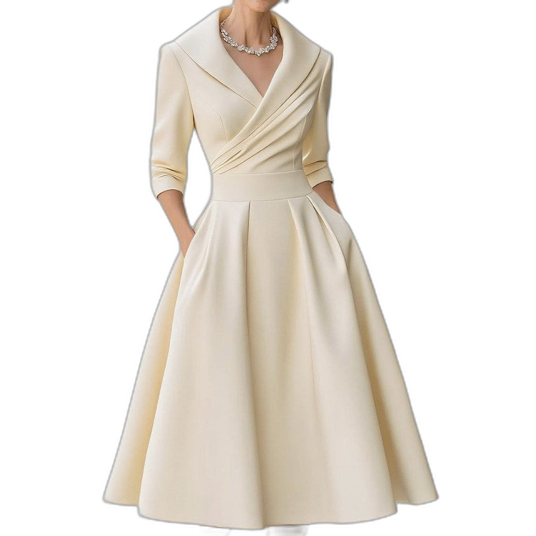 Elegant Navy Midi Dress for Women with Collared Long Sleeve A Line Fit And Flare Cocktail Style