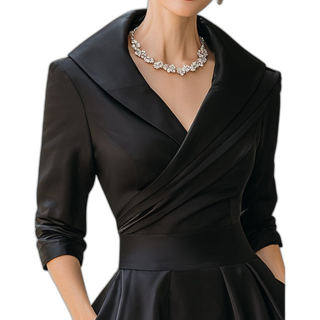 Elegant Navy Midi Dress for Women with Collared Long Sleeve A Line Fit And Flare Cocktail Style