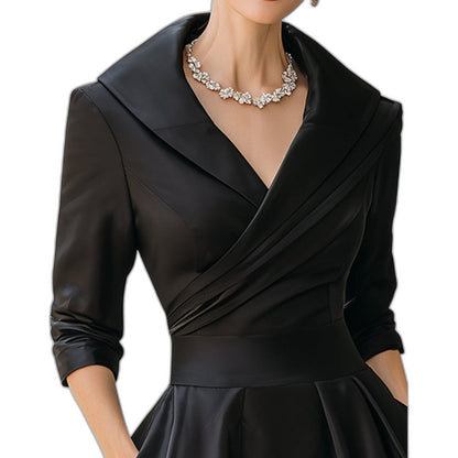 Elegant Navy Midi Dress for Women with Collared Long Sleeve A Line Fit And Flare Cocktail Style