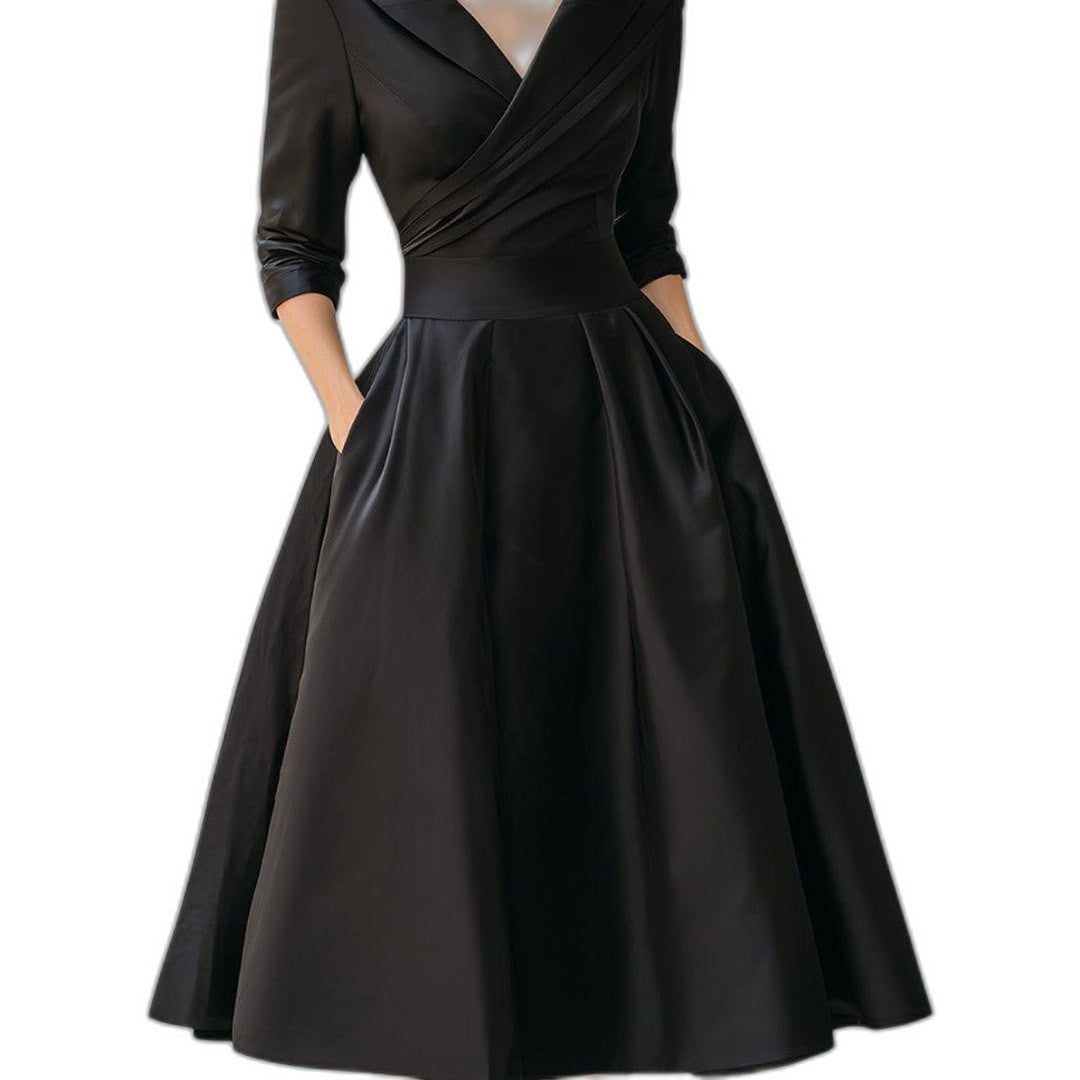 Elegant Navy Midi Dress for Women with Collared Long Sleeve A Line Fit And Flare Cocktail Style