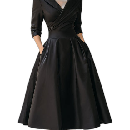 Elegant Navy Midi Dress for Women with Collared Long Sleeve A Line Fit And Flare Cocktail Style