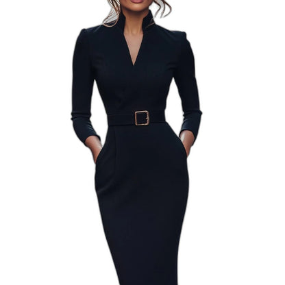 Elegant Navy Midi Dress for Women with V Neck Long Sleeve Bodycon Belted Pockets Office Style