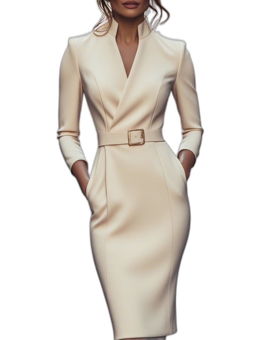 Elegant Navy Midi Dress for Women with V Neck Long Sleeve Bodycon Belted Pockets Office Style