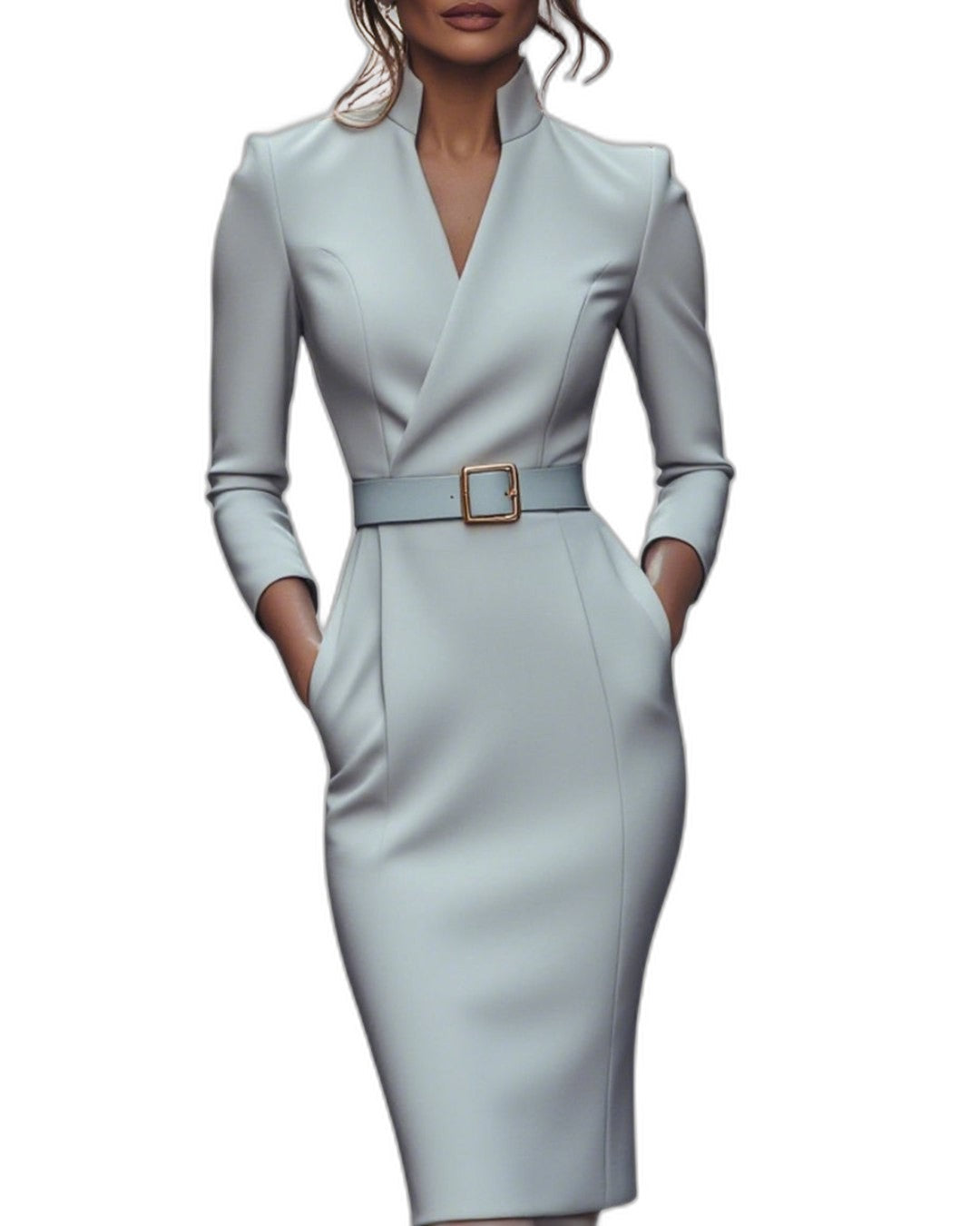 Elegant Navy Midi Dress for Women with V Neck Long Sleeve Bodycon Belted Pockets Office Style