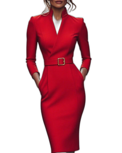 Elegant Navy Midi Dress for Women with V Neck Long Sleeve Bodycon Belted Pockets Office Style