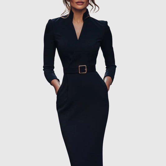 Elegant Navy Midi Dress for Women with V Neck Long Sleeve Bodycon Belted Pockets Office Style
