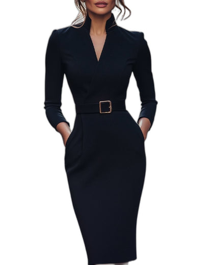 Elegant Navy Midi Dress for Women with V Neck Long Sleeve Bodycon Belted Pockets Office Style